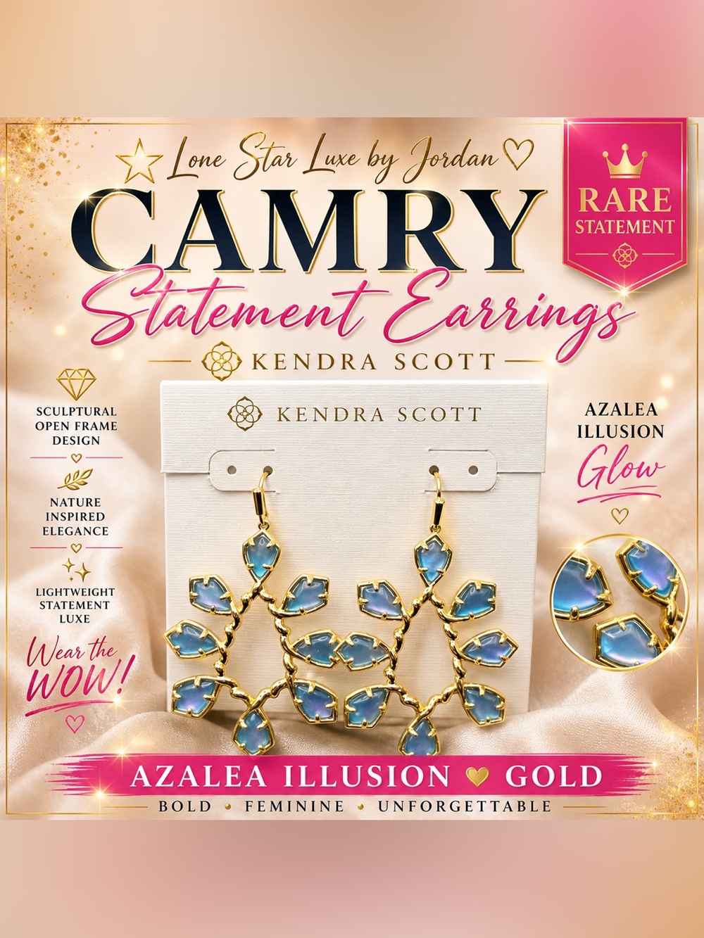 Kendra Scott Camry Statement Earrings Gold Iridescent Blue Illusion Rare Luxe
